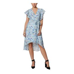BCBGENERATION Womens Light Blue Tie Hi-lo Hem Flutter Sleeve Midi Wrap Dress 2